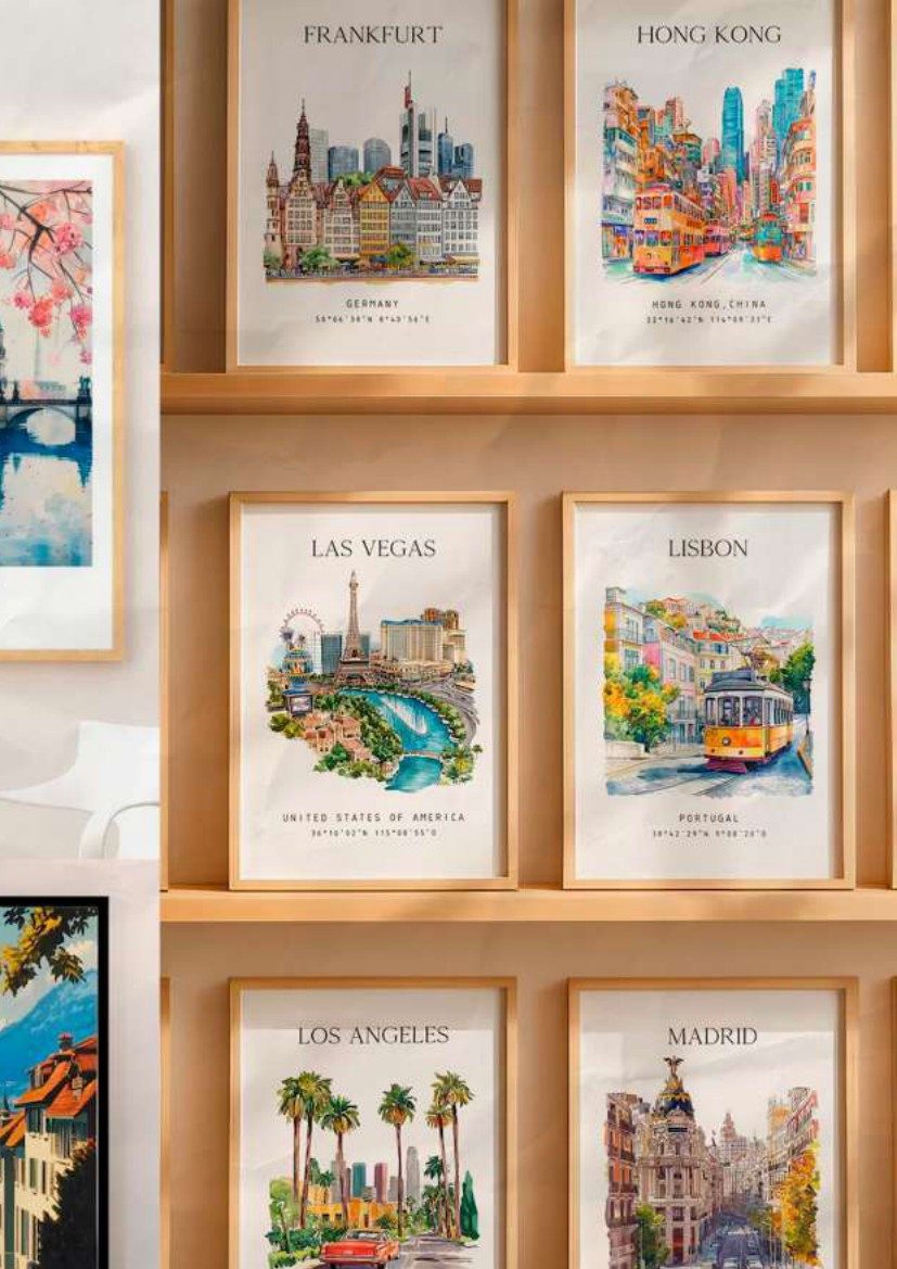 Illustrated travel poster prints of world cities